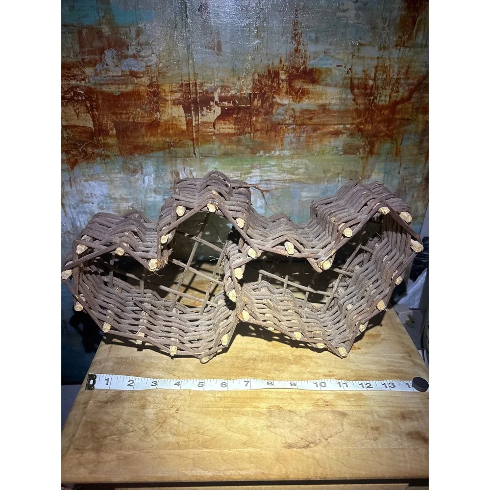 Rustic Double Heart Twig Basket Primitive Grapevine Woven Decor Brown 13.5in